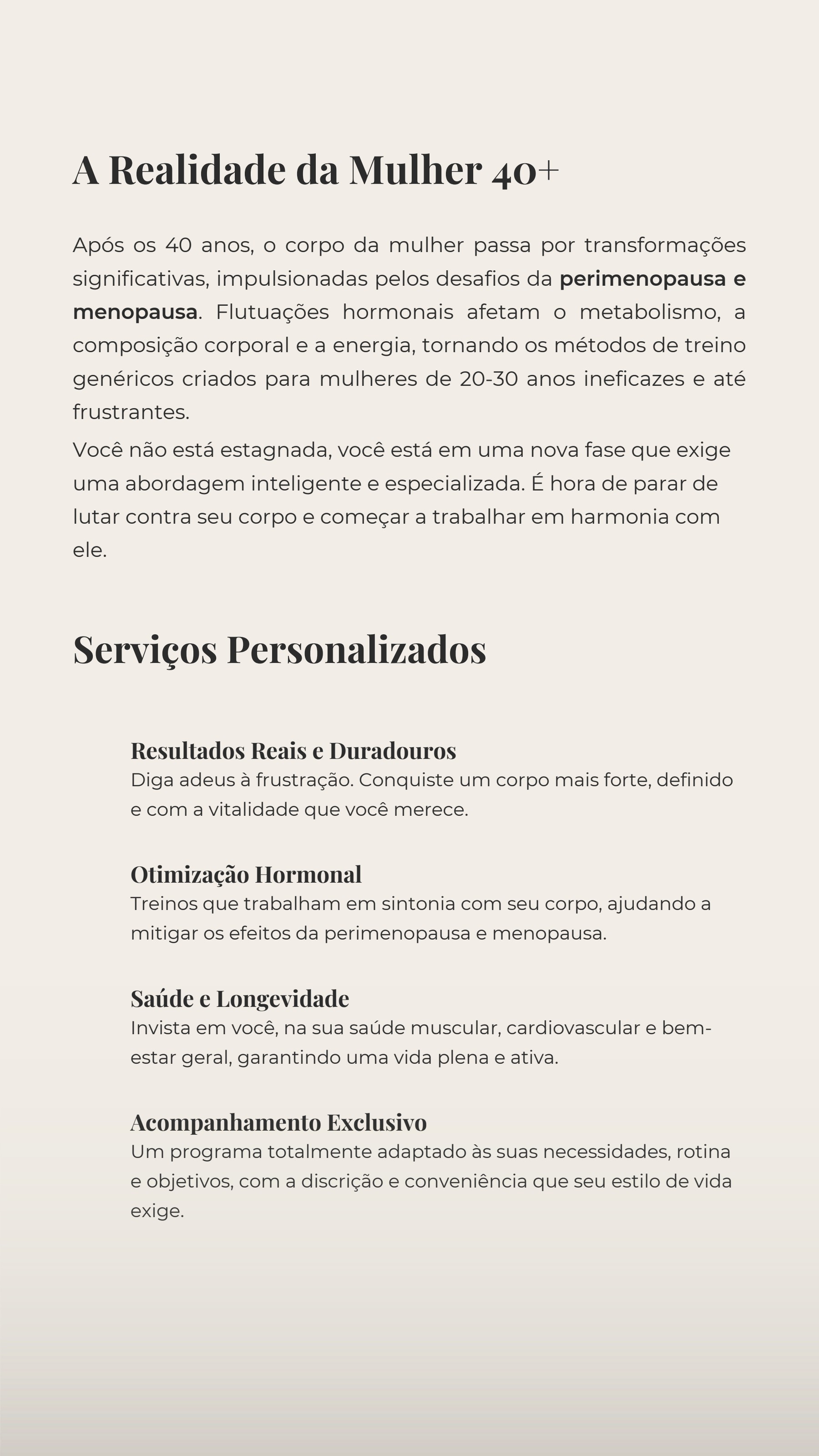 Página sobre a realidade da mulher 40+ e serviços personalizados